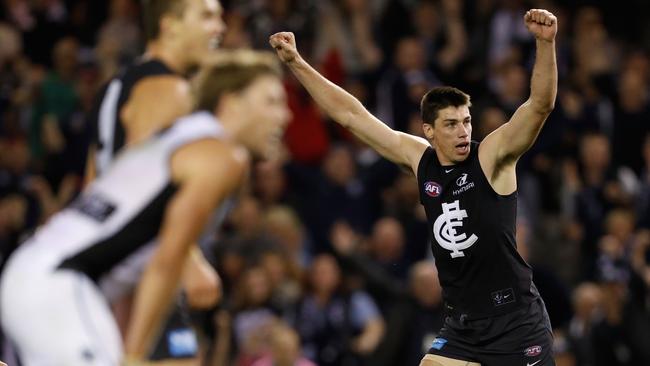 Matthew Kreuzer celebrates after his goal which sank Port Adelaide during their Round 8 match in 2016. Picture: Adam Trafford/AFL Media/Getty Images