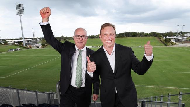 SSC Mayor Mark Jamieson and DP Steven Miles at the Sunshine Coast Stadium. Pic Annette Dew