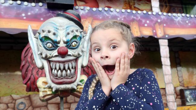 Billie Frampton (6) getting spooked at the Gold Coast show. Photo by Richard Gosling