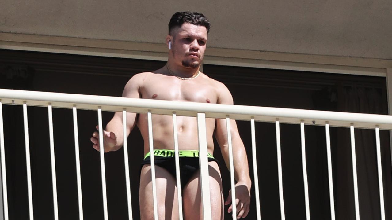 Wests Tigers back James Roberts comes outside for some fresh air at the Novotel Surfers Paradise on the Gold Coast, where he is quarantining along with NRL players’ partners and families. Picture: Nigel Hallett