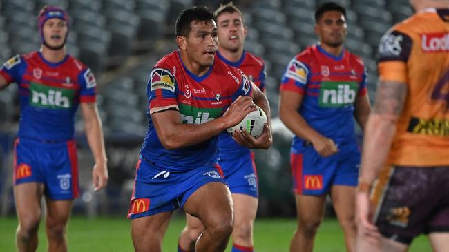 Knights prop Daniel Saifiti was huge against the Broncos. Picture: Grant Trouville/NRL Photos