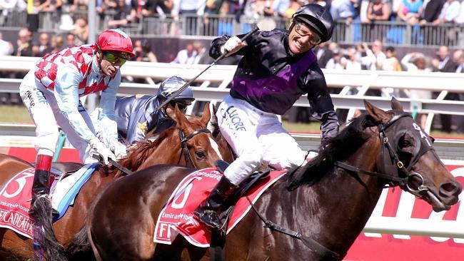 Damien Oliver after his win on Fiorente in the Melbourne cup on Fiorente.