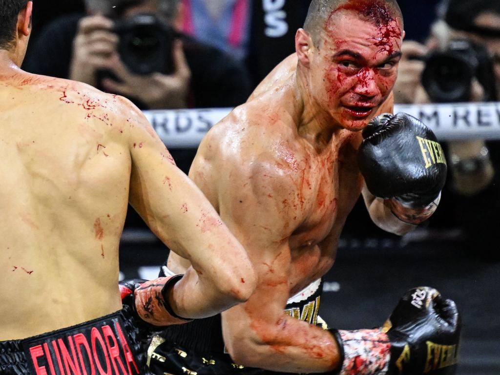 A bloodied Tim Tszyu in an exchange with Sebastian Fundora during that loss in March. Picture: Tayfun Coskun/Anadolu via Getty Images