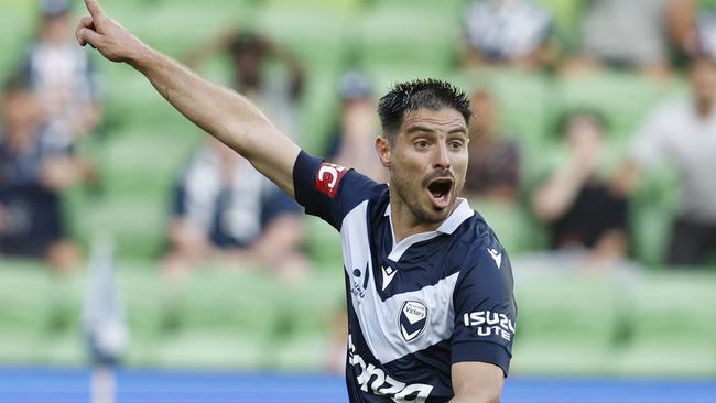 MELBOURNE, AUSTRALIA - FEBRUARY 10: Bruno Fornaroli of Melbourne Victory reacts during the A-League Men round 16 match between Melbourne Victory and Macarthur FC at AAMI Park, on February 10, 2024, in Melbourne, Australia. (Photo by Darrian Traynor/Getty Images)