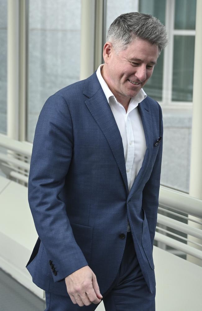 Mike Sneesby, Nine Entertainment chief executive officer, leaves the Joint Select Committee on Social Media and Australian Society at Parliament House in Canberra sans tie. Picture: NewsWire / Martin Ollman