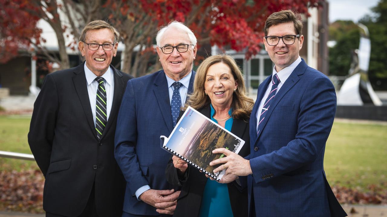 After delivering the Toowoomba Regional Council $651m budget are (from left) Cr Kerry Shine, Mayor Paul Antonio, general manager finance and business strategy Ann-Marie Johnston and deputy Mayor Geoff McDonald, Tuesday, June 6, 2023. Picture: Kevin Farmer