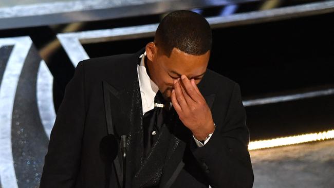 Will Smith accepting his Oscar for King Richard shortly after the slap. Picture: AFP