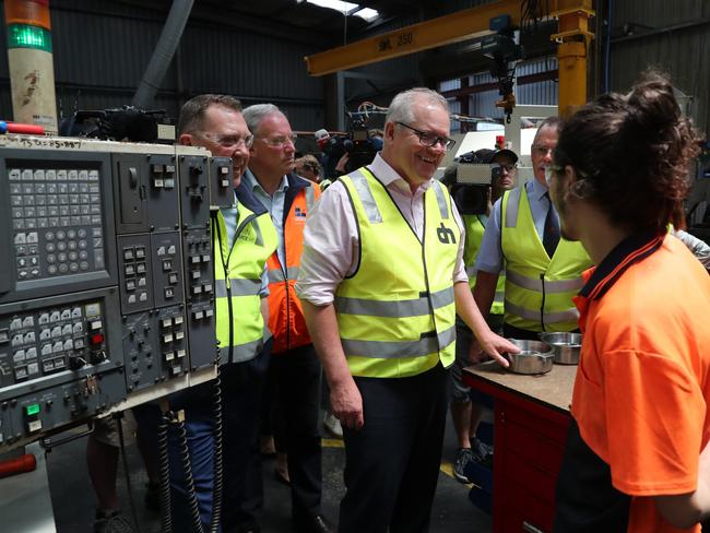 Prime Minister Scott Morrison visits Delta Hydraulics in Davenport, Tasmania to talk to the owner about his high energy bills and how the government is investing in technologies to bring down energy costs for Businesses around the country.  Picture: Adam Taylor via PMO