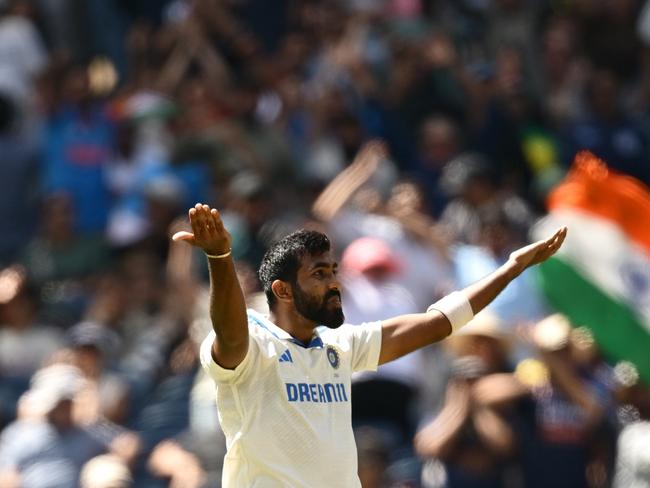 Jasprit Bumrah revs up the Indian fans after taking Konstas’ wicket. Picture: Getty