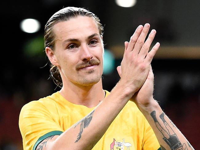 BRISBANE, AUSTRALIA - SEPTEMBER 22: Jackson Irvine of Australia thanks fans after the International Friendly match between the Australia Socceroos and the New Zealand All Whites at Suncorp Stadium on September 22, 2022 in Brisbane, Australia. (Photo by Matt Roberts/Getty Images)