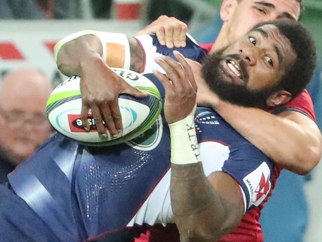 Rebels recruit Marika Koroibete is collared.