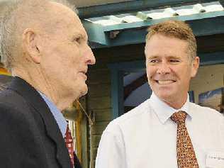 Ballina resident and National Party member Neil Saines (left) with Andrew Stoner in Ballina yesterday during a visit by the leader of the National Party and several shadow ministers. . Picture: Doug Eaton