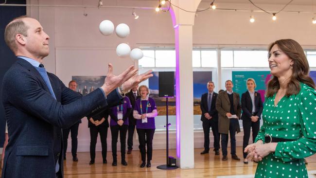 Prince William attempts juggling at a special event in Galway on the royal couple’s trip to Ireland. Picture: AFP