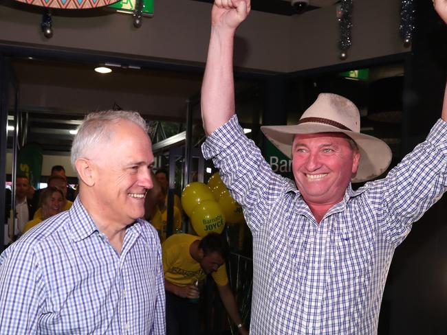 Malcolm Turnbull joins Barnaby Joyce to celebrate his win in the New England by election. Picture: Lyndon Mechielsen.