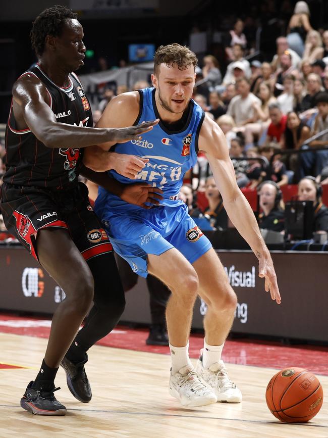 With Chris Goulding in foul trouble, Tanner Krebs stood up for Melbourne United in game one of the NBL grand final series against Illawarra. Picture: Getty Images