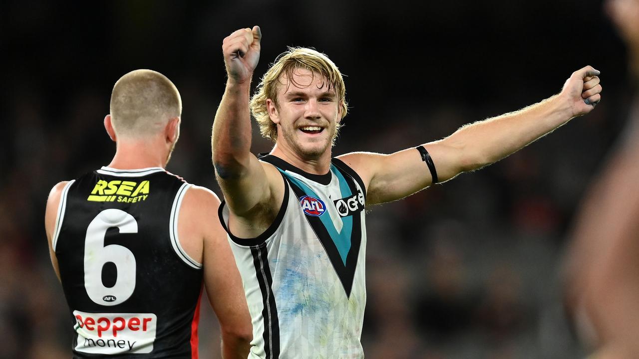 Jason Horne-Francis celebrates the win over St Kilda. Picture: Quinn Rooney