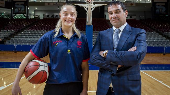 Adelaide Lightnings Brooke Basham with chairman of the Pelligra Group Ross Pelligra, who are the new owners of the Lightning. Picture Mark Brake