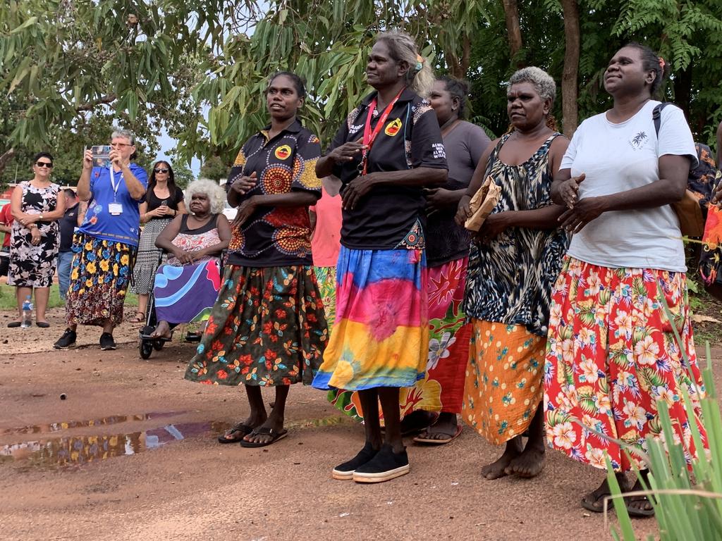 Health Minister Natasha Fyles and Maningrida community members as the government handed over the health service. Picture: Supplied