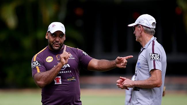 Sam Thaiday and Wayne Bennett at Brisbane Broncos training. Pic Darren England.