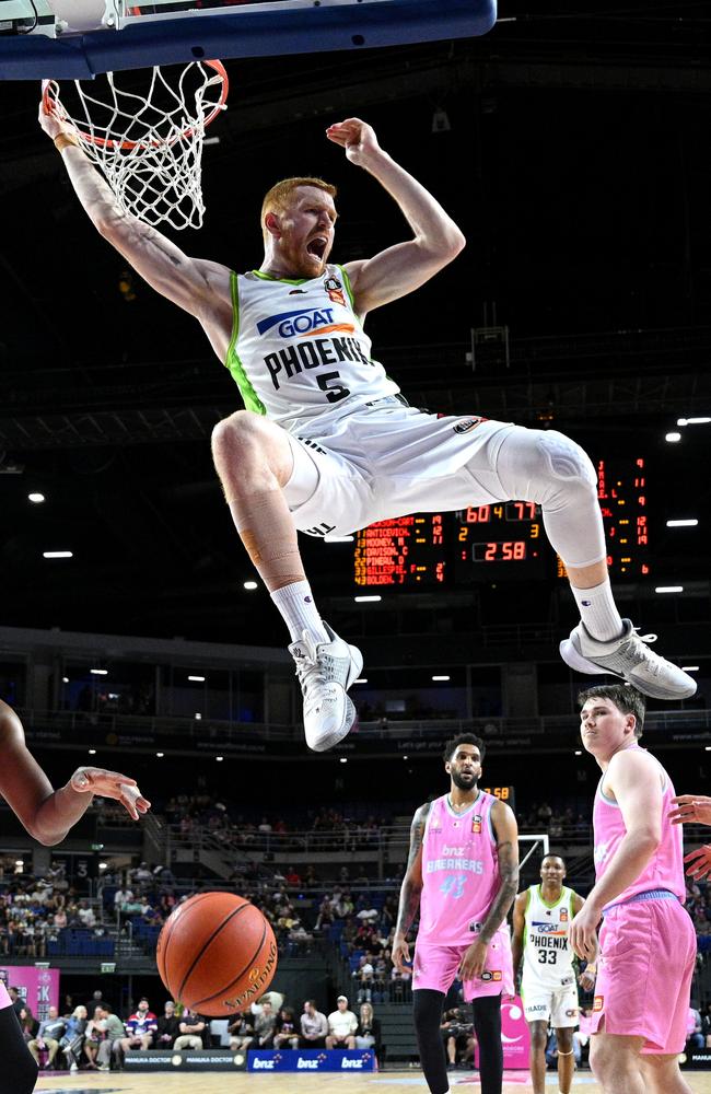 Angus Glover delivers a fiery slam dunk for the Phoenix. Picture: Getty Images