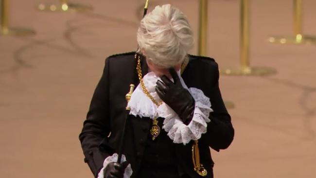 She then wiped away a tear as she left the hall. Picture: BBC