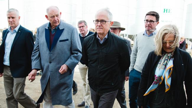 Mr Turnbull in Forbes on Sunday with: L-R Deputy PM Michael McCormack, HE Silos General Manager Steve Loan, Minister for Agriculture and Water resources David Littleproud and Lucy Turnbull. Picture: Sarah Hodge