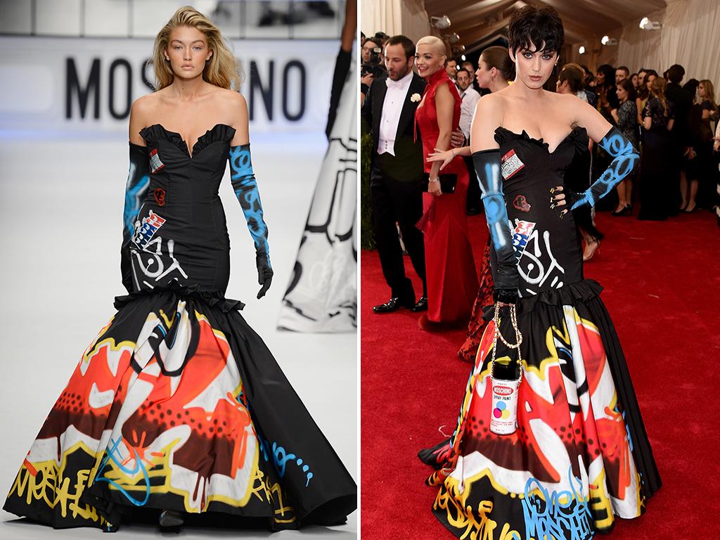 Katy Perry smouldered in Moschino at this year’s Met Ball Gala, as did Gigi Hadid when the gown debuted on the Paris Fashion Week catwalk. Pictures: Getty