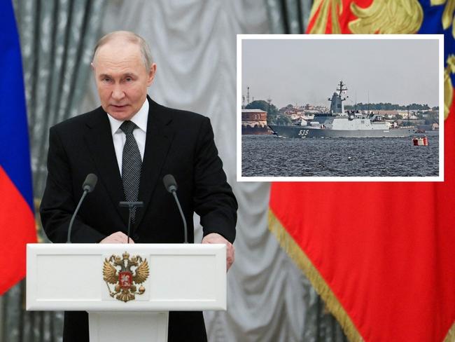 Russian President Vladimir Putin; inset image: The Merkuriy missile corvette