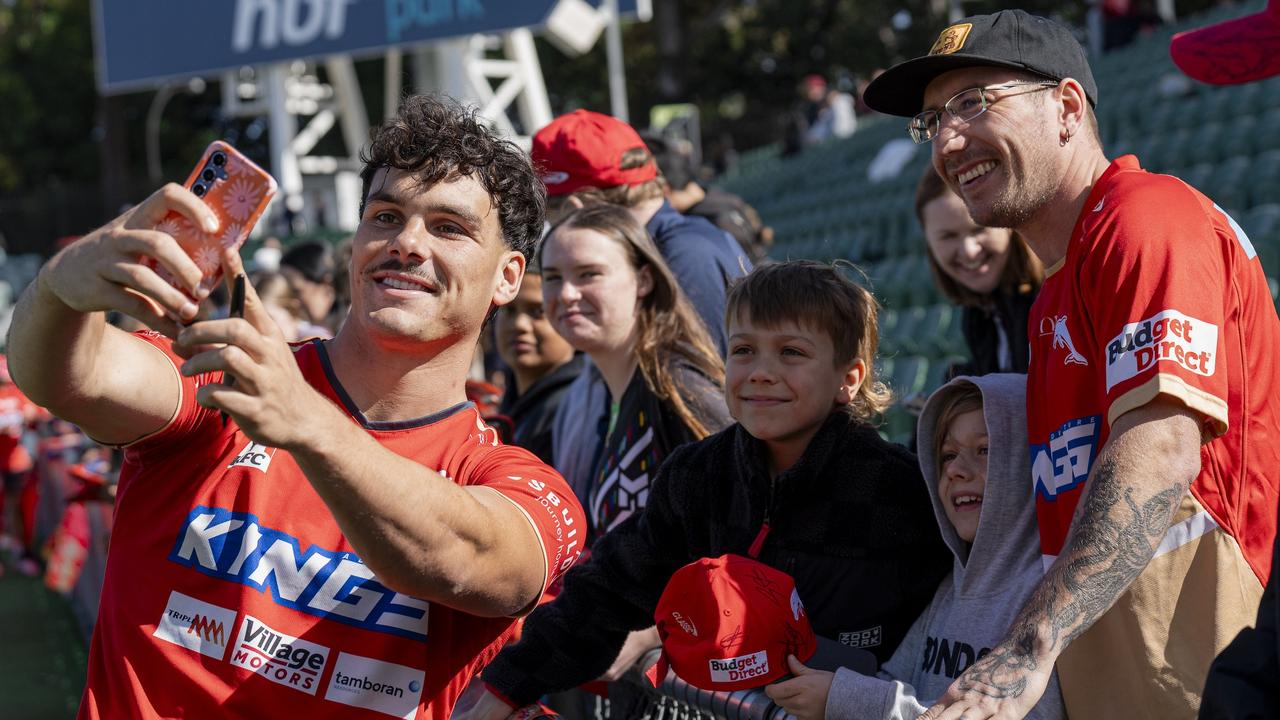 Herbie Farnworth of the Dolphins takes a selfie with some WA fans. Picture Dolphins NRL