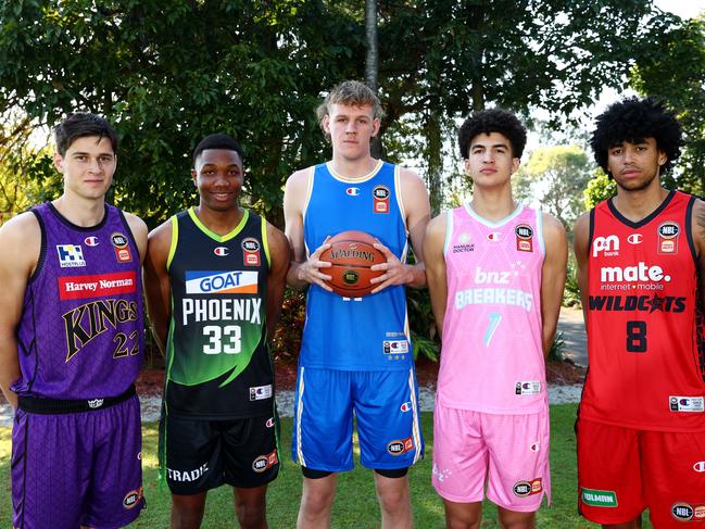 Alex Toohey (L) and Rocco Zikarsky (C) are part of the 2025 NBL Next Stars class. Picture: Chris Hyde/Getty Images for NBL