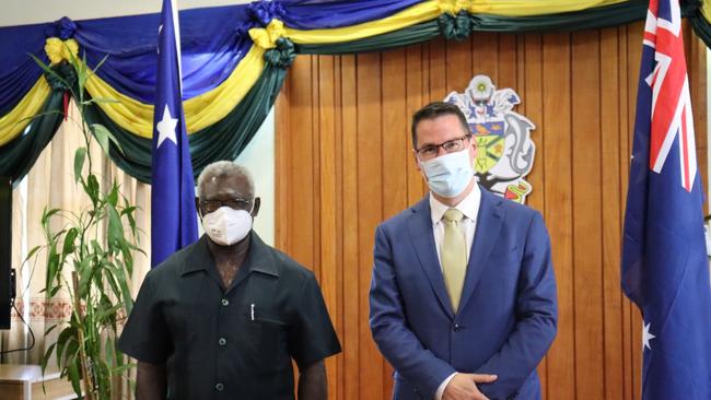 Solomon Islands Prime Minister Manasseh Sogavare and International Development and Pacific Minister Zed Seselja following last ditch talks to stop the deal.