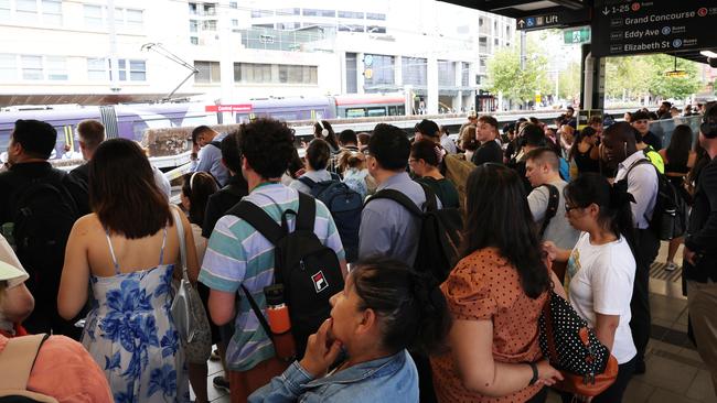 Crowds of passengers pack onto a platform at Central Station. Picture: Ted Lamb