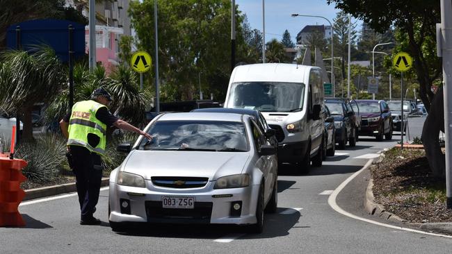 Traffic mayhem about 10.30am along Wharf St, Tweed Heads heading into the Griffith St Coolangatta checkpoint when the border bubble expanded on October 1, 2020. Photo: Jessica Lamb