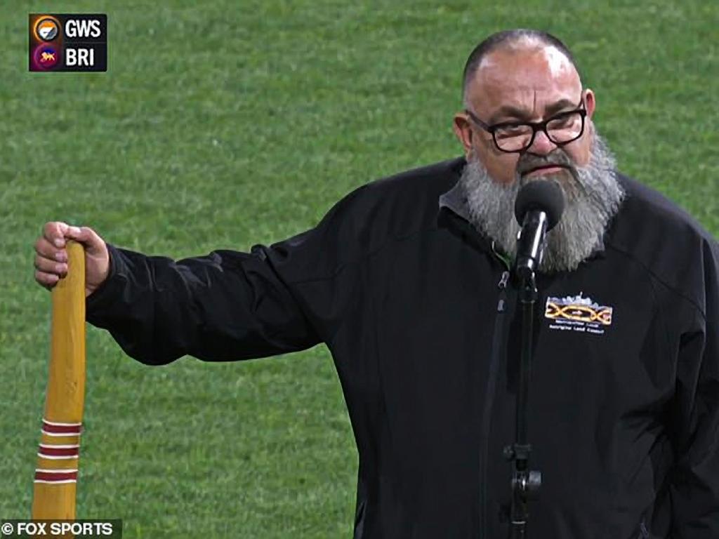 Uncle Brendan Kerin delivering his Welcome to Country before the GWS v Brisbane final. Picture: Fox Sports