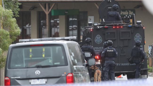 Specialist police and the dog squad on the scene. Picture: David Crosling