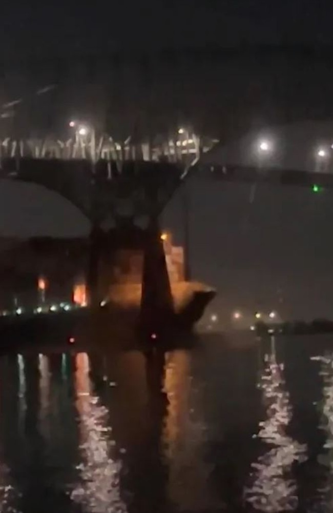 New footage shows the horrifying moment the Francis Scott Key Bridge crumbled early Tuesday morning. Picture: Toby Gutermuth via Storyful