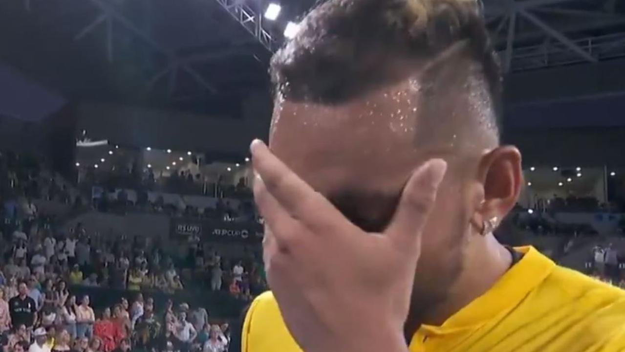 An emotional Nick Kyrgios broke down following his ATP Cup victory on Friday.