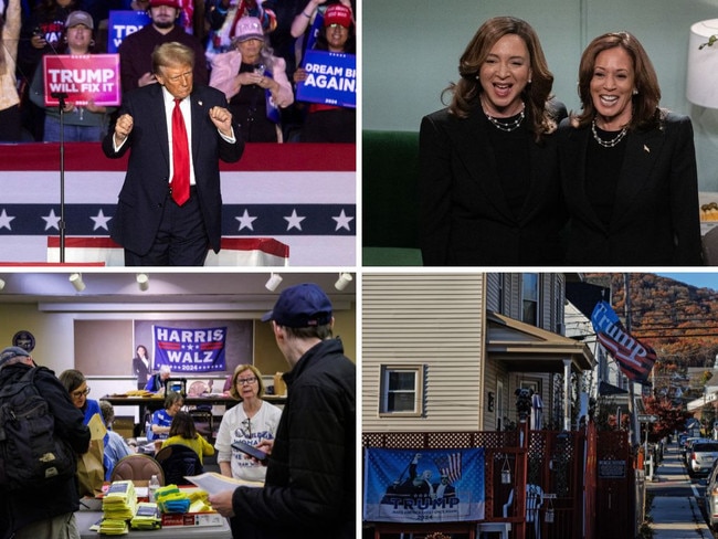 Former US president and Republican presidential candidate Donald Trump at a campaign rally in North Carolina; Maya Rudolph and US Vice-President and Democratic presidential nominee Kamala Harris appear on Saturday Night Live; Volunteers and staff for the Harris campaign in Pennsylvania; Pro-Trump flags are seen on a home in Pennsylvania.