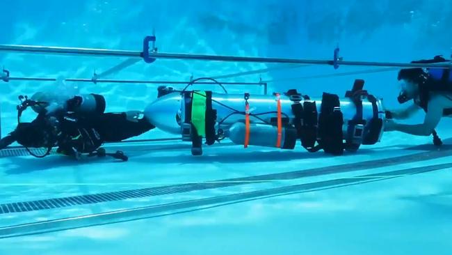 Elon Musk shared video of the mini-submarine testing underwater in LA pool. Picture: @elonmusk/Twitter