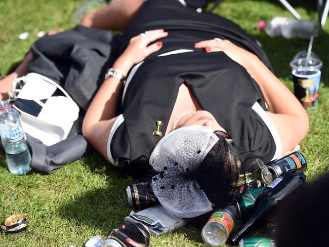 The crowd thins on the lead up to the last race at the 2014 Melbourne Cup, allowing the weary to relax on the lawn. Picture: Jason Sammon