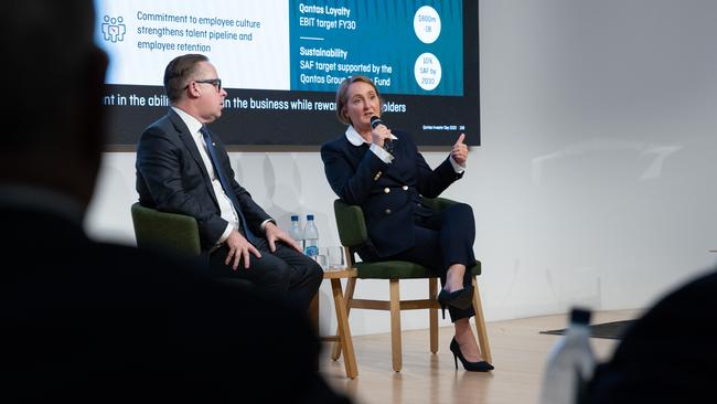 Qantas chief Alan Joyce and CEO-designate Vanessa Hudson address the audience at the airline's first investor day in four years. Picture: Qantas.