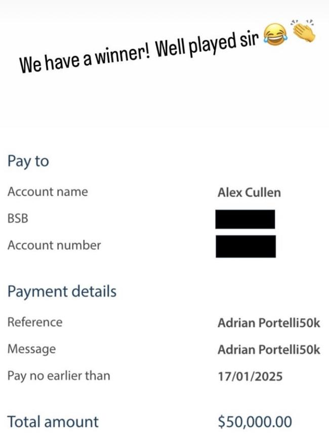 Channel 9 Today show presenter Alex Cullen has apparently 'won' $50,000 from Adrian Portelli after Portelli ran a competition on Friday (January 17) that he would pay $50,000 to the first journalist who referred to him as McLaren Man rather than Mr Lambo on TV. Picture: Supplied/Instagram