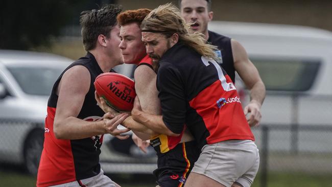 SFL: Hallam’s Max Gay in a Frankston Dolphins sandwich. Picture: Valeriu Campan