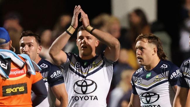 SYDNEY, AUSTRALIA - JULY 15: The North Queensland Cowboys celebrate after scoring a try during the round 20  NRL match between Manly Sea Eagles and North Queensland Cowboys at 4 Pines Park on July 15, 2023 in Sydney, Australia. (Photo by Tim Allsop/Getty Images)