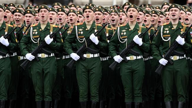 Russian servicemen make themselves heard at the Victory Day parade in Red Square. Picture: AFP