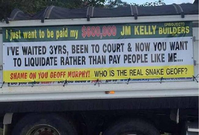 Signs placed around Rockhampton and Yeppoon relating to JM Kelly. Company boss Geoff Murphy says the claims have no validation and the matter is before the courts. Picture: Contributed Rokbuilder