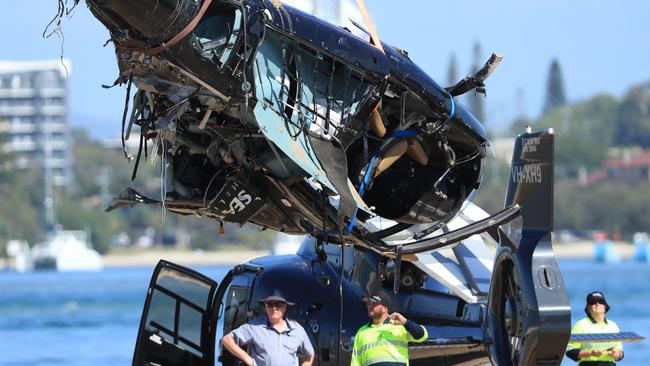 The two helicopters collided near Sea World on the Gold Coast. Picture: NCA NewsWire / Scott Powick