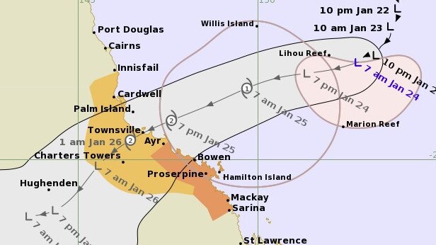 The system is likely to cross the Queensland coast on Thursday night between Cardwell and Bowen as a category 2. Picture: Supplied / BOM