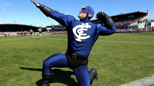 Carlton mascot 'Captain Carlton' performs for the crowd at half time. Picture: Ian Currie