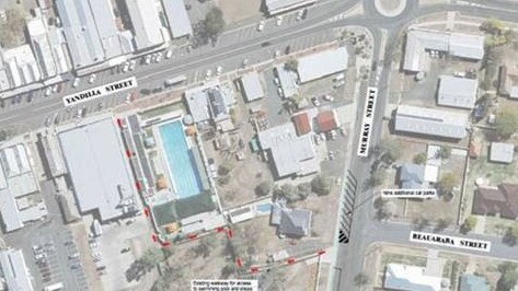 A proposed pedestrian crossing on Yandilla St in Pittsworth as well as proposed extra parking on Murray St.